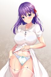 Rule 34 | 1girl, blue panties, blush, bow, bow panties, bra, breasts, cameltoe, closed mouth, clothes lift, collarbone, dress, dress lift, fate/stay night, fate (series), fukuda shuushi, garter belt, garter straps, gradient background, hair between eyes, hair ribbon, hand on own hip, hand on own stomach, heaven&#039;s feel, highres, large breasts, long hair, looking at viewer, matou sakura, official alternate costume, panties, purple eyes, purple hair, red ribbon, ribbon, see-through, short sleeves, skindentation, smile, solo, thighhighs, underwear, white dress, white thighhighs