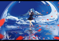 Rule 34 | 1girl, bad id, bad pixiv id, blue eyes, blue hair, cloud, formal, hair ribbon, hatsune miku, letterboxed, lightofheaven, long hair, matching hair/eyes, necktie, petals, reflection, ribbon, saihate (vocaloid), skirt, sky, solo, twintails, very long hair, vocaloid, wading, water, water world