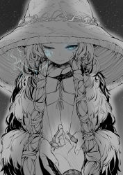Rule 34 | 1girl, absurdres, cloak, commentary, cracked skin, elden ring, extra faces, fur cloak, gauntlets, greyscale, hat, hat ornament, hemuling, highres, holding hands, large hat, long hair, monochrome, one eye closed, pov, pov hands, ranni the witch, spot color, very long hair, witch hat