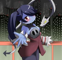 Rule 34 | 1girl, absurdres, bad id, bad pixiv id, bare shoulders, blue hair, blue skin, blush, breasts, city, cleavage, colored skin, detached collar, detached sleeves, dress, hair over one eye, head tilt, highres, leviathan (skullgirls), long hair, long skirt, looking at viewer, murao 330, night, outstretched hand, railing, red eyes, side ponytail, skirt, skull, skullgirls, smile, solo, squigly (skullgirls), stitched mouth, stitches, striped, striped sleeves, zombie
