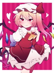 Rule 34 | 1girl, :q, arm behind back, ascot, blonde hair, border, closed mouth, commentary request, cowboy shot, crystal, flandre scarlet, frilled skirt, frills, front slit, half-closed eyes, hat, heart, highres, laevatein (touhou), looking at viewer, looking to the side, mob cap, one side up, orange ascot, overskirt, puffy short sleeves, puffy sleeves, red background, red eyes, red skirt, red vest, short sleeves, skirt, slit pupils, smile, solo, standing, striped background, sunken fossil world, tongue, tongue out, touhou, vest, white border, white hat, white skirt, wings, you (noanoamoemoe)