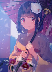 Rule 34 | 1girl, 2channel, blurry, blurry foreground, branch, brown hair, closed mouth, commentary request, flower, highres, holding, japanese clothes, kimono, long sleeves, looking at viewer, mask, mask on head, obi, oil-paper umbrella, original, outdoors, red eyes, sash, short hair, smile, solo, umbrella, upper body, wide sleeves, yasumo (kuusouorbital), yellow kimono