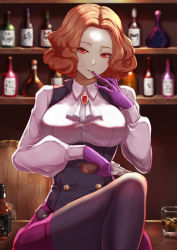 Rule 34 | 1girl, alcohol, ascot, bar (place), belt, biting, bottle, brown hair, come hither, commentary request, cup, drinking glass, glove biting, gloves, gun, handgun, highres, ice, jack daniel&#039;s, jojobirdz, long sleeves, okumura haru, pantyhose, persona, persona 5, purple gloves, purple pantyhose, red eyes, removing glove, revolver, solo, underbust, vest, weapon