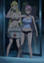 Rule 34 | 2girls, absurdres, bare legs, blonde hair, breasts, censored, cleavage, convenient arm, convenient censoring, door, exhibitionism, fang, first aid kit, glasses, highres, highschool of the dead, huge breasts, large breasts, long hair, marikawa shizuka, midriff, multiple girls, no bra, nude, orange eyes, pink hair, public indecency, reflection, ribbon, screencap, sleepwear, stitched, takagi saya, tank top, third-party edit, tsurime, twintails, underwear