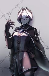 Rule 34 | 1girl, black cape, black eyes, black gloves, black hair, cape, collared cloak, cowboy shot, gloves, grey background, hair between eyes, highres, jitome, long sleeves, looking at viewer, made in abyss, multicolored hair, ozen, pouch, simple background, solo, two-tone hair, vergil23, whistle, whistle around neck, white hair