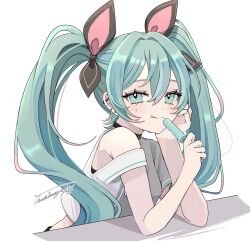 1girl aqua_eyes aqua_hair aqua_nails aqua_shirt blush bow choker crop_top ear_piercing food hair_between_eyes hair_bow hair_ornament hand_on_own_cheek hand_on_own_face hatsune_miku highres holding holding_food holding_ice_cream ice_cream light_blush long_hair looking_at_viewer naguno-0713 piercing shirt short_sleeves signature sitting solo sweat table tongue tongue_out twintails very_long_hair vocaloid white_shirt