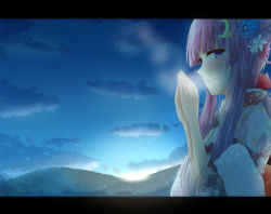 Rule 34 | 1girl, alternate costume, blue eyes, blush, cloud, crescent, crescent hair ornament, floral print, flower, hair flower, hair ornament, japanese clothes, kimono, letterboxed, long hair, looking at viewer, patchouli knowledge, purple hair, ram hachimin, revision, sky, smile, solo, sunrise, touhou, upper body, wide sleeves