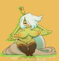 Rule 34 | animated, animated gif, belly, black thighhighs, bouncing breasts, bracelet, breasts, colored skin, crown, dancing, female goblin, goblin, gold bracelet, gold choker, gold necklace, green skin, hair over one eye, huffslove, jewelry, large breasts, large ears, long hair, navel, necklace, nipples, one eye covered, original, regina (huffslove), shortstack, thighhighs, very long hair, white hair