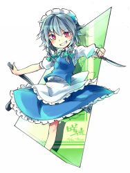 Rule 34 | 1girl, apron, back bow, black footwear, blue skirt, blue vest, bow, braid, breasts, collared shirt, dual wielding, foot out of frame, frilled apron, frilled skirt, frills, green background, green bow, green ribbon, grey hair, hair bow, head tilt, holding, holding knife, izayoi sakuya, kibayashi kimori, knife, large bow, looking at viewer, maid, maid headdress, medium hair, neck ribbon, one-hour drawing challenge, open mouth, puffy short sleeves, puffy sleeves, red eyes, ribbon, shirt, short sleeves, skirt, small breasts, solo, teeth, touhou, twin braids, v-shaped eyebrows, vest, waist apron, white apron, white background, white bow, white shirt