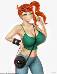 Rule 34 | 1girl, aqua eyes, bare shoulders, breasts, creatures (company), easonx, female focus, game freak, glasses, hand on own hip, highres, large breasts, lips, long hair, looking at viewer, nail polish, nintendo, no bra, orange hair, pants, pokemon, pokemon swsh, side ponytail, smile, solo, sonia (pokemon), standing