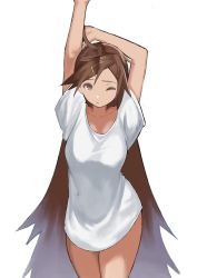 Rule 34 | 1girl, arms up, breasts, brown eyes, brown hair, closed mouth, collarbone, cowboy shot, flasso, guilty gear, guilty gear xrd, hair down, hair ornament, hairclip, highres, kuradoberi jam, long hair, long shirt, looking at viewer, no pants, one eye closed, parted bangs, shirt, short sleeves, simple background, solo, standing, stretching, very long hair, waking up, white background, white shirt