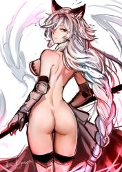 Rule 34 | 10s, 1girl, animal ears, ass, bad id, bad twitter id, bare back, bare shoulders, braid, brown eyes, butt crack, erune, from behind, gauntlets, granblue fantasy, heles, kigawa rin, long hair, looking back, parted lips, polearm, silver hair, solo, spear, very long hair, weapon