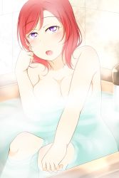 Rule 34 | 10s, 1girl, bath, bathing, blush, breasts, convenient censoring, feitonokesin, highres, indoors, looking at viewer, love live!, love live! school idol project, medium breasts, medium hair, nishikino maki, nude, open mouth, partially submerged, purple eyes, red hair, sitting, solo, steam, steam censor, water