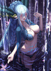 Rule 34 | 1girl, bikini, blue bikini, blue hair, blue nails, braid, breasts, cleavage, cowboy shot, curled horns, fate/grand order, fate (series), flower, hair between eyes, hand up, horns, ironatsuki, large breasts, long hair, looking away, nail polish, navel, open mouth, partially submerged, pink eyes, pink flower, pointy ears, reflection, ripples, short sleeves, shrug (clothing), sidelocks, skin tight, solo, standing, stomach, stomach tattoo, strapless, strapless bikini, striped, swimsuit, symbol-shaped pupils, tattoo, thick eyebrows, thighs, tiamat (fate), vertical stripes, very long hair, water, wet, x-shaped pupils