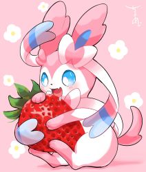Rule 34 | blue eyes, blush, commentary request, creature, creatures (company), drooling, fang, floral background, food, fruit, game freak, gen 6 pokemon, highres, holding, nintendo, no humans, open mouth, pink background, pokemon, pokemon (creature), saliva, skin fang, smile, solo, strawberry, surumeika (ninfiiiir), sylveon, toes, tongue