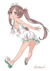 Rule 34 | 10s, 1girl, anchor, bad id, bad twitter id, bare arms, bare legs, bare shoulders, bow, brown eyes, brown hair, dark-skinned female, dark skin, dress, ebifurya, eyebrows, from side, full body, hair ribbon, highres, inactive account, kantai collection, libeccio (kancolle), long hair, looking at viewer, neckerchief, open mouth, ribbon, sailor dress, shoes, simple background, sleeveless, smile, solo, striped neckerchief, twintails, twitter username, white background, white bow