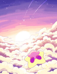 Rule 34 | above clouds, cloud, commentary request, flying, from behind, full body, harukui, highres, kirby, kirby (series), nintendo, no humans, outdoors, red footwear, riding, shooting star, sky, solo, star (sky), star (symbol), sun, warp star
