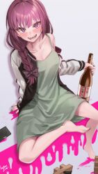 Rule 34 | 1girl, @ @, absurdres, alcohol, artist name, barefoot, black nails, blush, bocchi the rock!, bottle, braid, braided ponytail, breasts, cellphone, cleavage, commentary request, cracked screen, dress, drunk, feet, geta, green dress, hatori you, highres, hiroi kikuri, holding, holding bottle, jacket, legs, long hair, looking at viewer, nail polish, open mouth, paint, phone, piercing, purple eyes, sharp teeth, single braid, sitting, small breasts, solo, squeans, teeth, toenail polish, toenails, toes