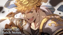 Rule 34 | 1boy, armor, black shirt, blonde hair, brown gloves, english text, gloves, granblue fantasy, granblue fantasy versus: rising, green eyes, highres, holding, holding weapon, looking at viewer, male focus, minaba hideo, official art, open mouth, pauldrons, shirt, short hair, shoulder armor, single pauldron, smile, solo, vane (granblue fantasy), weapon