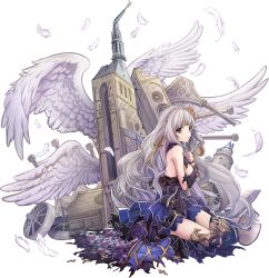 Rule 34 | 1girl, artist request, bare shoulders, boots, dress, elbow gloves, from behind, gloves, grey eyes, looking at viewer, mont saint-michel (oshiro project), official art, oshiro project:re, oshiro project:re, silver hair, sitting, solo, thigh boots, thighhighs, tiara, torn clothes, torn dress, transparent background, wavy mouth, wings