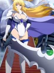Rule 34 | 10s, 1girl, armor, blonde hair, blue eyes, boots, breasts, cape, cleavage, gauntlets, highres, large breasts, long hair, screencap, seikoku no dragonar, solo, sword, thigh boots, thighhighs, veronica lautreamont, very long hair, weapon