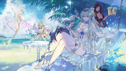 Rule 34 | 1boy, 4girls, ahoge, alchemy stars, alternate costume, ball, beach umbrella, beachball, beer mug, bethlehem (alchemy stars), black hair, blonde hair, breasts, cherry blossoms, cleavage, clothing cutout, cloud, cocktail glass, commentary request, crossed legs, cup, dragon, drinking glass, food, frozen, high heels, hiiro (alchemy stars), jewelry, jumping, large breasts, long hair, looking at viewer, magic, medium breasts, mug, multiple girls, navigator (alchemy stars), one-piece swimsuit, one eye closed, open mouth, pillow, pink hair, popsicle, reclining, ring, shade, sheol (alchemy stars), shore, short hair, sidelocks, sleeping, snow, snowflakes, sparkle, starshadowmagician, sweatdrop, swimsuit, table, tail, thigh strap, tiara, umbrella, vice (alchemy stars), water, white hair, wyvern
