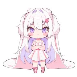 Rule 34 | 1girl, :&lt;, animal ears, blush stickers, cheli (kso1564), chibi, closed mouth, commentary request, crossed arms, dress, floppy ears, full body, hair between eyes, hair intakes, hair ornament, hairclip, heart, heart hair ornament, large ears, looking at viewer, multicolored hair, original, pink footwear, purple eyes, purple hair, rabbit ears, shoes, short eyebrows, simple background, sleeveless, sleeveless dress, solo, standing, striped clothes, striped dress, thick eyebrows, two-tone hair, vertical-striped clothes, vertical-striped dress, white background, white dress, white hair, x hair ornament