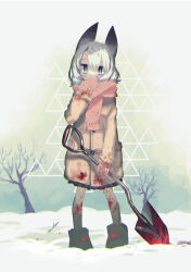Rule 34 | 1girl, adjusting scarf, animal ears, bags under eyes, black footwear, blood, blood on clothes, blood on face, blood on leg, blood on snow, bloody weapon, boots, bright pupils, female focus, full body, highres, holding, holding shovel, jitome, kitaya, looking at viewer, medium hair, original, outdoors, pink scarf, scarf, shovel, skirt, snow, solo, standing, tree, weapon, white hair, white pupils, winter clothes