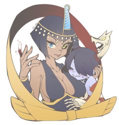 Rule 34 | 2girls, bad id, bad twitter id, black hair, black sclera, blood, blue eyes, blush, breasts, cleavage, colored sclera, commentary request, dark-skinned female, dark skin, egyptian, eliza (skullgirls), closed eyes, heterochromia, large breasts, leviathan (skullgirls), looking at viewer, multiple girls, ori (yellow duckling), skullgirls, smile, squigly (skullgirls), stitched mouth, stitches, sweat, transparent background, yellow eyes, yuri