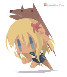Rule 34 | 1girl, animal, artist name, blonde hair, blue eyes, blue sailor collar, chameleon man (three), chibi, commentary request, flower, full body, hair between eyes, hair flower, hair ornament, kantai collection, long hair, no lineart, ro-500 (kancolle), sailor collar, school swimsuit, school uniform, serafuku, simple background, solo, swimsuit, swimsuit under clothes, tan, white background, wolf