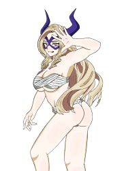 Rule 34 | 1girl, absurdres, arm at side, armpits, ass, barefoot, blonde hair, blue mask, boku no hero academia, breasts, cleavage, domino mask, eyelashes, fake horns, female focus, from behind, fundoshi, groin, half-closed eyes, hand up, highres, horns, japanese clothes, large breasts, legs, long hair, looking at viewer, lpogo, mask, midriff, mount lady, multiple views, navel, parted bangs, parted lips, purple eyes, sarashi, seductive smile, shiny clothes, shiny skin, sidelocks, simple background, smile, standing, thighs, traditional clothes, turnaround, underwear, underwear only, white background