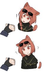 Rule 34 | !, :|, ?, animal ear fluff, animal ears, arknights, ash (rainbow six siege), ash (ranger) (rainbow six siege), black gloves, black jacket, braid, cat ears, cat tail, cellphone, closed mouth, commentary, cropped arms, cropped shoulders, english commentary, eyewear on head, gloves, head tilt, highres, holding, holding phone, jacket, long hair, nvi2762, parted lips, phone, rainbow six siege, raised eyebrow, red hair, side braid, simple background, smartphone, sunglasses, sweatdrop, tail, triangle mouth, white background
