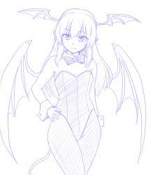 Rule 34 | 1girl, alternate costume, bat wings, bow, bowtie, breasts, cleavage, demon tail, detached collar, fishnet pantyhose, fishnets, hand on own hip, head tilt, head wings, isaki (gomi), koakuma, leotard, light smile, long hair, looking at viewer, monochrome, nontraditional playboy bunny, pantyhose, playboy bunny, pointy ears, purple theme, simple background, small breasts, solo, tail, touhou, white background, wings, wrist cuffs