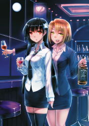 Rule 34 | 10s, 2girls, :d, :o, alcohol, bad id, bad pixiv id, bar (place), bar stool, black hair, blonde hair, bottle, cup, drinking glass, flower, formal, full moon, green eyes, hair flower, hair ornament, hydrangea, jack daniel&#039;s, jacket, long hair, looking at viewer, miniskirt, moon, multiple girls, necktie, night, office lady, open mouth, pencil skirt, product placement, red eyes, sanka rea, sankarea, saouji ranko, short hair, siqi (miharuu), skirt, skirt suit, smile, stool, suit, thighhighs, whiskey, window, wine glass, zettai ryouiki