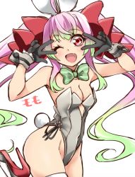 Rule 34 | 1girl, ahoge, animal ears, bow, bowtie, double v, fang, gradient hair, green bow, green bowtie, green hair, highleg, highleg leotard, kantai collection, leotard, long hair, looking at viewer, momo (kancolle), multicolored hair, pink hair, playboy bunny, rabbit ears, rabbit tail, red eyes, solo, strapless, strapless leotard, striped bow, striped bowtie, striped clothes, tail, thighhighs, twintails, udukikosuke, v, white leotard, wrist cuffs