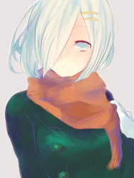 Rule 34 | 10s, 1girl, alternate costume, bad id, bad pixiv id, breasts, coat, gloves, grey background, grey hair, hair ornament, hair over one eye, hairclip, hamakaze (kancolle), kantai collection, koruku (luk v), large breasts, red scarf, scarf, short hair, simple background, solo, white eyes, white gloves, white hair