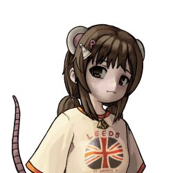 Rule 34 | 1girl, :3, animal ears, brown eyes, brown hair, cheese, commentary, dot nose, english commentary, english text, flag, flag print, food, hair ornament, hairclip, highres, jewelry, letter hair ornament, light blush, long hair, looking at viewer, mouse ears, mouse girl, mouse tail, original, pale skin, pendant, ponytail, print shirt, shirt, sidelocks, smile, solo, tail, text print, union jack, union jack print, upper body, white background, white shirt, zoolpal