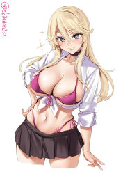 Rule 34 | 1girl, alternate costume, bikini, black collar, blonde hair, blush, breasts, cleavage, collar, collarbone, collared shirt, cowboy shot, cropped legs, dress shirt, ebifurya, front-tie bikini top, front-tie top, grey eyes, grin, hand on own hip, highres, iowa (kancolle), kantai collection, large breasts, lips, long hair, looking at viewer, midriff, miniskirt, navel, one-hour drawing challenge, open clothes, open shirt, pink bikini, pleated skirt, shirt, side-tie bikini bottom, simple background, skirt, smile, solo, star-shaped pupils, star (symbol), stomach, swimsuit, symbol-shaped pupils, tied shirt, twitter username, v, white background, white shirt