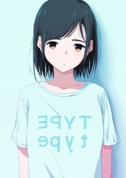 Rule 34 | 1girl, black hair, blue hair, blue shirt, bouen, brown eyes, closed mouth, clothes writing, collarbone, expressionless, highres, looking at viewer, original, revision, shadow, shirt, short hair, short sleeves, sidelocks, solo, swept bangs, t-shirt, tareme, uniqlo, upper body