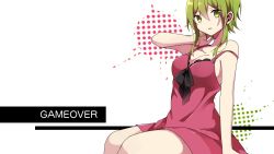 Rule 34 | 1girl, :o, arm up, bad id, bad pixiv id, bare shoulders, black bow, blush, bow, breasts, cleavage, dress, english text, green eyes, green hair, gumi, hazakura chikori, large breasts, looking at viewer, matching hair/eyes, off shoulder, open mouth, red dress, short hair, simple background, sitting, sleeveless, sleeveless dress, solo, thighs, vocaloid, white background