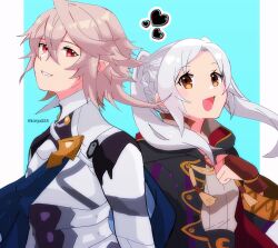 Rule 34 | 1boy, 1girl, armor, back-to-back, black robe, blue background, border, bridal gauntlets, brown eyes, brown gloves, commentary request, corrin (fire emblem), corrin (male) (fire emblem), fire emblem, fire emblem awakening, fire emblem fates, gloves, grey hair, grey shirt, grin, hair between eyes, heart, highres, hood, hood down, hooded robe, kiriya (552260), letterboxed, long hair, looking at viewer, nintendo, open clothes, open mouth, open robe, pointy ears, red eyes, robe, robin (female) (fire emblem), robin (fire emblem), shirt, short hair, simple background, smile, twintails, twitter username, white border, white hair