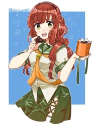 Rule 34 | 1girl, bell, blush, box, box of chocolates, braid, candy, chocolate, chocolate heart, cropped legs, de ruyter (kancolle), food, french braid, green eyes, green sailor collar, green skirt, hairband, heart, holding, holding box, holding food, kantai collection, long hair, open mouth, orange neckwear, red hair, sagamiso, sailor collar, school uniform, serafuku, side slit, simple background, skirt, solo, twitter username, two-tone background