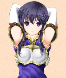 Rule 34 | 1girl, armor, armpits, arms up, ashita yaru, ayra (fire emblem), black hair, breastplate, commentary request, dress, elbow gloves, fire emblem, fire emblem: genealogy of the holy war, gloves, long hair, looking at viewer, nintendo, orange background, purple dress, purple eyes, smile, solo, upper body, white gloves