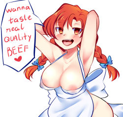 Rule 34 | 1girl, apron, armpits, arms behind head, blush, braid, breasts, cleavage, covered erect nipples, english text, heart, highres, large breasts, long hair, looking at viewer, mascot, nipples, open mouth, product girl, red eyes, red hair, simple background, smug, solo, speech bubble, spoken heart, text focus, tongue, twintails, waist apron, wendy&#039;s, wendy (wendy&#039;s), white apron, white background
