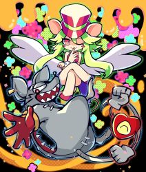 Rule 34 | 1girl, 2boys, animal ears, blush stickers, breasts, ear tag, gloves, green hair, hat, heart (mad rat dead), hole on body, leotard, mad rat, mad rat dead, mouse (animal), mouse ears, mouse girl, mouse tail, multiple boys, nippon ichi, rat god, red eyes, stitches, tail, tie clip, top hat, wings, wrist cuffs