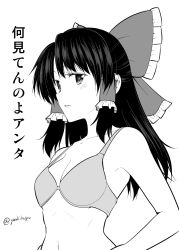 Rule 34 | 1girl, black eyes, black hair, bow, bra, breasts, cleavage, collarbone, greyscale, hair bow, hakurei reimu, hands on own hips, long hair, medium breasts, monochrome, navel, parted lips, satou yuuki, sidelocks, signature, simple background, solo, touhou, underwear, underwear only, upper body, white background
