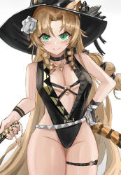 Rule 34 | 1girl, arknights, black one-piece swimsuit, blonde hair, choker, green eyes, hat, one-piece swimsuit, sun hat, swimsuit, swire (arknights), swire the elegant wit (arknights), thigh strap