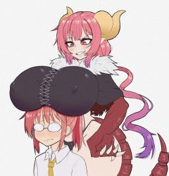 Rule 34 | 2girls, black panties, blush, breast rest, breasts, breasts on head, claws, covered erect nipples, dragon girl, dragon horns, dragon tail, glasses, grin, highres, horns, huge breasts, ilulu (maidragon), kobayashi-san chi no maidragon, kobayashi (maidragon), looking at another, multicolored hair, multiple girls, necktie, panties, purple hair, red hair, shirt, short hair, small breasts, smile, tail, underwear, white shirt, yellow necktie, yuri