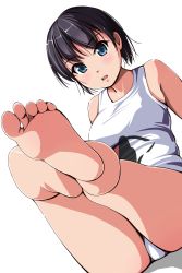 Rule 34 | 1girl, bare shoulders, barefoot, black hair, blue eyes, blush, feet, foot focus, foreshortening, highres, looking at viewer, matsunaga kouyou, open mouth, original, short hair, simple background, soles, solo, toes