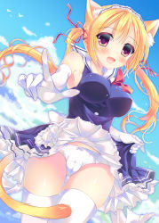 Rule 34 | 1girl, :d, animal ears, blonde hair, breasts, cameltoe, cat ears, cat tail, clothes lift, covered erect nipples, dress, dress lift, elbow gloves, fang, foreshortening, gloves, impossible clothes, impossible shirt, large breasts, low twintails, maid headdress, open mouth, original, panties, purple eyes, shirt, smile, tail, tamakake, thighhighs, twintails, underwear, white panties, white thighhighs